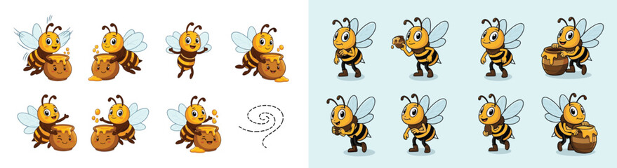 Cartoon bees with honey pots. Sweet treat, food, insect, cute, honey, fun, honeybee, delicious, sweet, animation, vector, happy, design, clip art, illustration