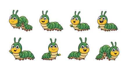 Cartoon caterpillar smiles and crawls in sequence. Animation, character, bug, insect, mascot, happy, green, friendly, cute, stages, movement, growth, lifecycle