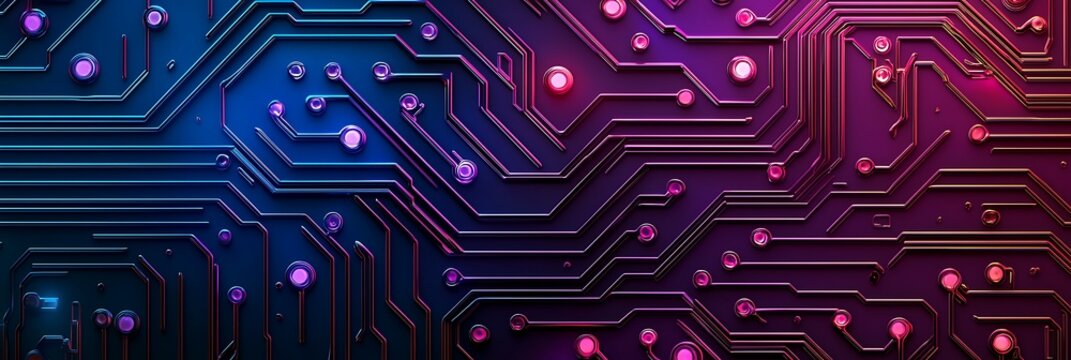 A close-up view of a vibrant circuit board featuring intricate pathways illuminated in blue, purple, and pink hues against a dark background.