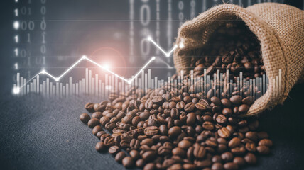 Currency fluctuation on commodities. Coffee bean sack graph financial market price fluctuation trading investment digital background