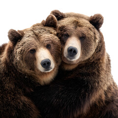 Fototapeta premium Two grizzly bears snuggling or standing close in affectionate pose and wildlife bonding moment and isolated white background Batch realistic clean bright simple modern stock image isolated on plain