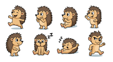 Hedgehog cartoons express various emotions and actions. Cute character, animal, expression, pose, happy, sad, angry, sleep, walk, funny, illustration