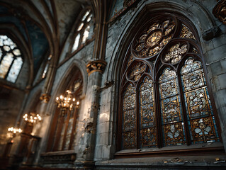Gothic architectural interior with intricate stained glass windows