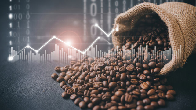 Currency fluctuation on commodities. Coffee bean sack graph financial market price fluctuation trading investment digital background
