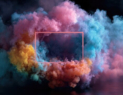 Colorful smoke surrounds a pink frame