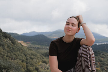 Mindful Woman Embracing Nature, Mountain Retreat, Digital Detox, Spiritual Awakening, Gen Z...