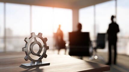 A cogwheel on a modern desk symbolizes teamwork in a corporate office with professionals in the background.