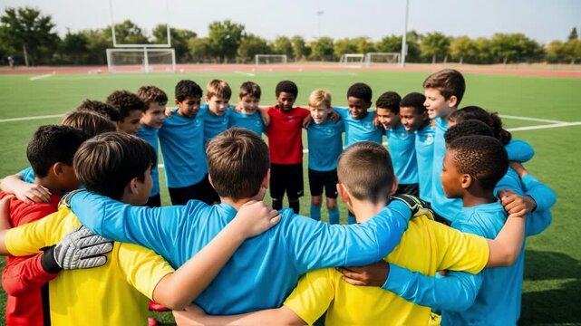A diverse youth soccer team huddles together on the field, showing unity and team spirit before a game, representing coaching, motivation and collaborative success in sports - Powered by Adobe