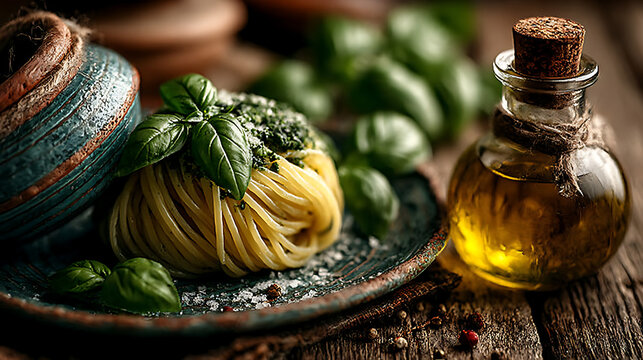 Gourmet pasta with basil pesto and olive oil in rustic setting