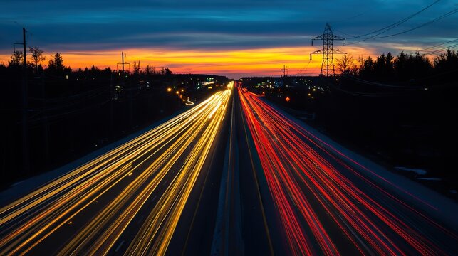 Empty highway with vibrant light trails under a warm dusk sky, capturing the essence of motion and solitude.