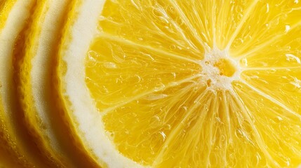 Fresh lemon slices arranged in a vibrant spiral with visible juice pockets, resting on a rustic wooden board under warm sunlight.