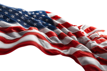 American flag waving proudly national symbol patriotism freedom USA stars stripes red white blue isolated on transparent background, perfect cutout, PNG