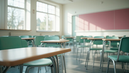 classroom,low angle,empty classroom,green chairs,wooden desks,classroom with pink board,interior,daylight,windows,classroom design,classroom layout,clean classroom,classroom aesthetic,classroom mood,p