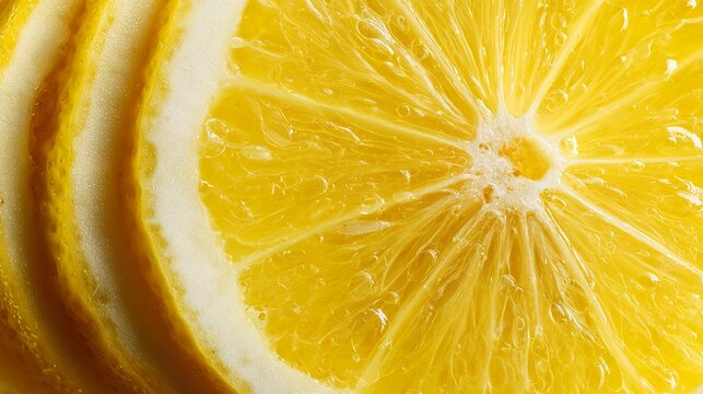 Fresh lemon slices arranged in a vibrant spiral with visible juice pockets, resting on a rustic wooden board under warm sunlight.