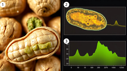 Macro-to-micro zoom sequence of peanut with aflatoxin contamination:
1. Whole nut with greenish mold colonies
2. Cross-section showing internal hyphae
3. HPLC chromatogram overlay showing toxin peaks.