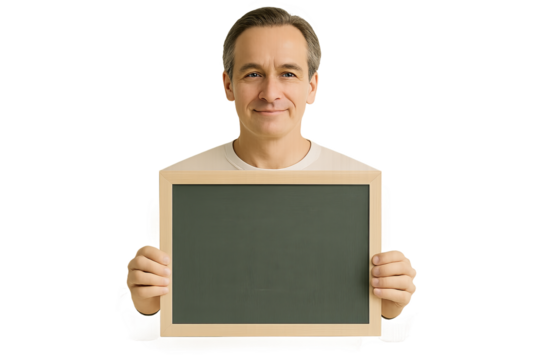 Middle aged man holding empty wooden chalkboard, man presenting board on transparent background