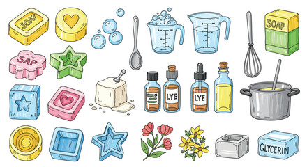 Soap making ingredients and tools illustration. Crafting, handmade, diy, artisan, organic, natural, saponification, lye, glycerin, soap molds, oils, flowers