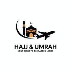 Fototapeta premium Islamic pilgrimage travel logo featuring mosque airplane and crescent moon hajj umrah