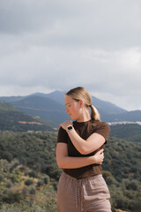 Mindful Woman Embracing Nature, Mountain Retreat, Digital Detox, Spiritual Awakening, Gen Z...