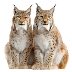 Fototapeta premium Two lynx sitting side by side and family couple scene with calm expressions and detailed fur and isolated white background Batch realistic clean bright simple modern stock image isolated on plain b