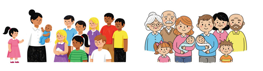 Diverse families drawn together. Generations smiling, kids and parents included. Family, multi-generational, togetherness, love, relationships, community, happy