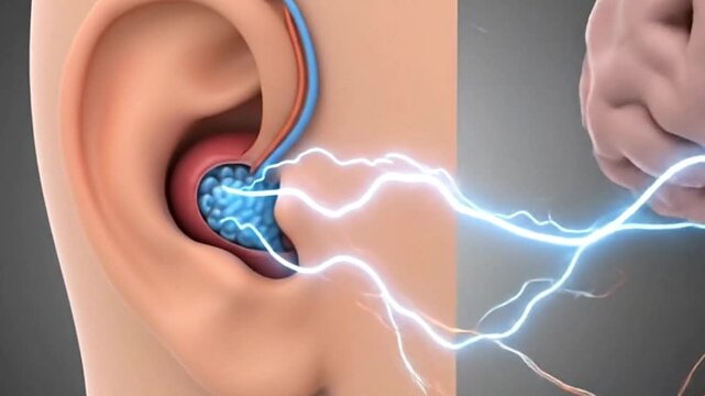 3D ear with blue clusters inside illuminated by white electriclike lines set against a gray background