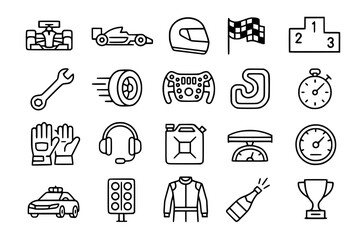Formula 1 Racing Icons Set - Motorsport Vector Symbols with F1 Car, Helmet, Checkered Flag, Steering Wheel, Trophy, Timer, Safety Equipment for Sports Design