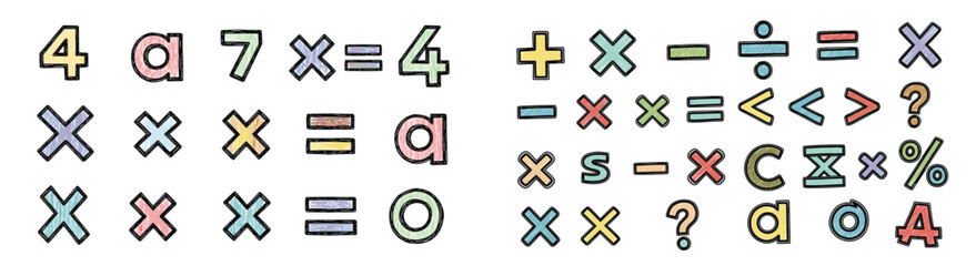 Obraz premium Colorful math symbols and equations. Education, mathematics, arithmetic, algebra, science, numbers, knowledge, calculations, learning, signs