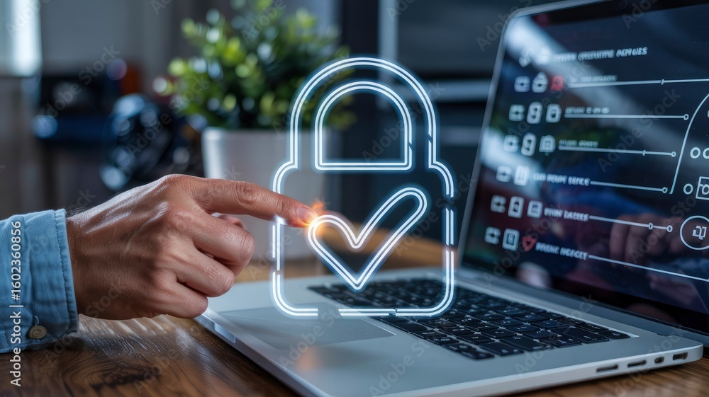 Poster secure data access hand interacting with digital lock on laptop screen