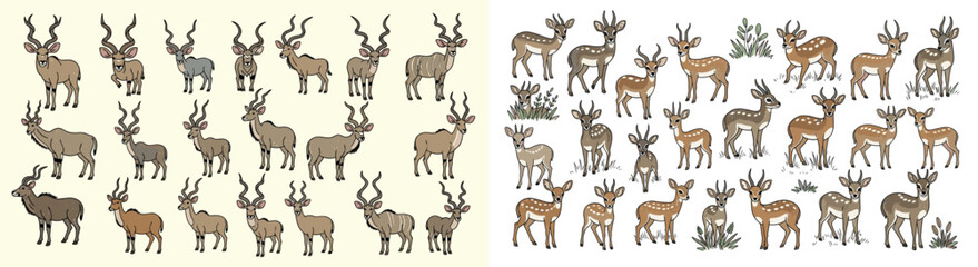 Antelope illustrations in rows showing different colors and poses. Wildlife, animal art, fauna, nature, safari, design, pattern, background, cute, species.