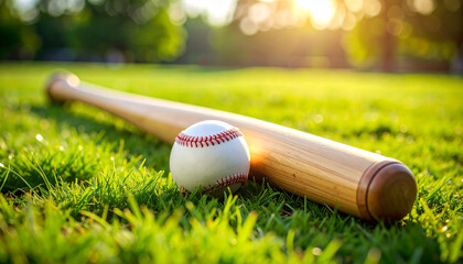Wooden baseball bat and ball on green grass. Sport game concept.