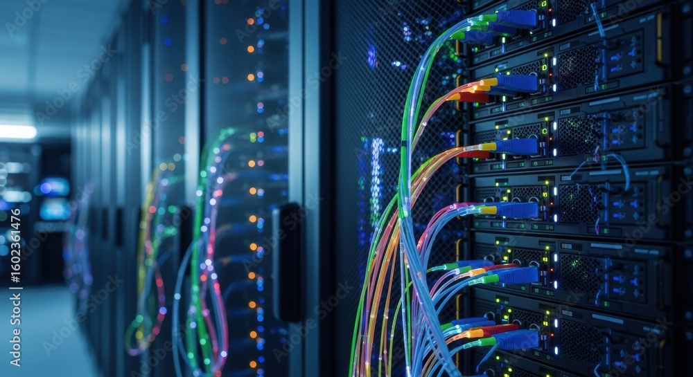 Poster techcentric workspace with dense server clusters and glowing fiber cables under dim lighting.