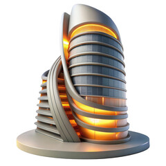 3d futuristic skyscraper with glowing orange windows isolated on transparent background