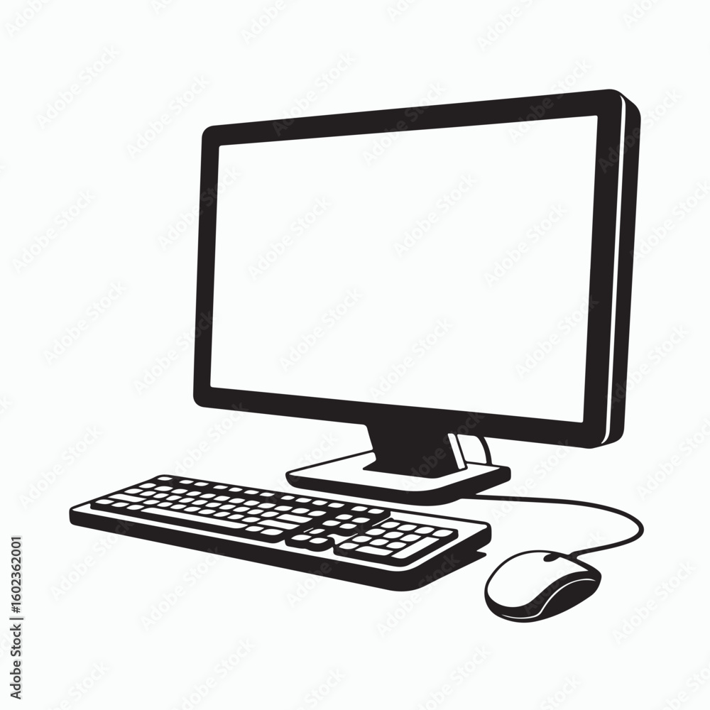 Poster minimalist black and white line drawing of a computer monitor keyboard and mouse technology