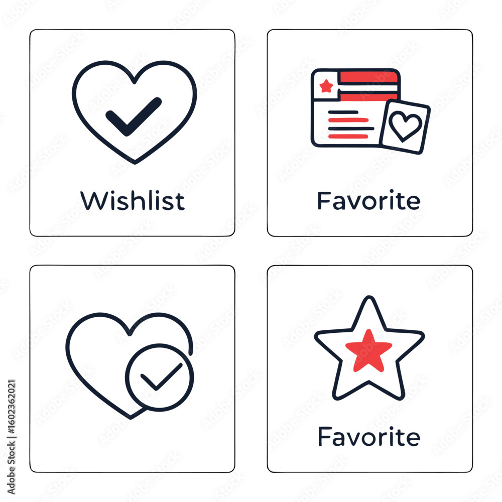 Aufkleber collection of user interface icons representing wishlist and favorite items featuring hearts and sta