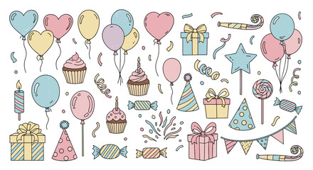 Fototapeta premium Celebration with balloons, gifts, cupcakes, and confetti. Birthday, party, festive, decoration, fun, cheerful.