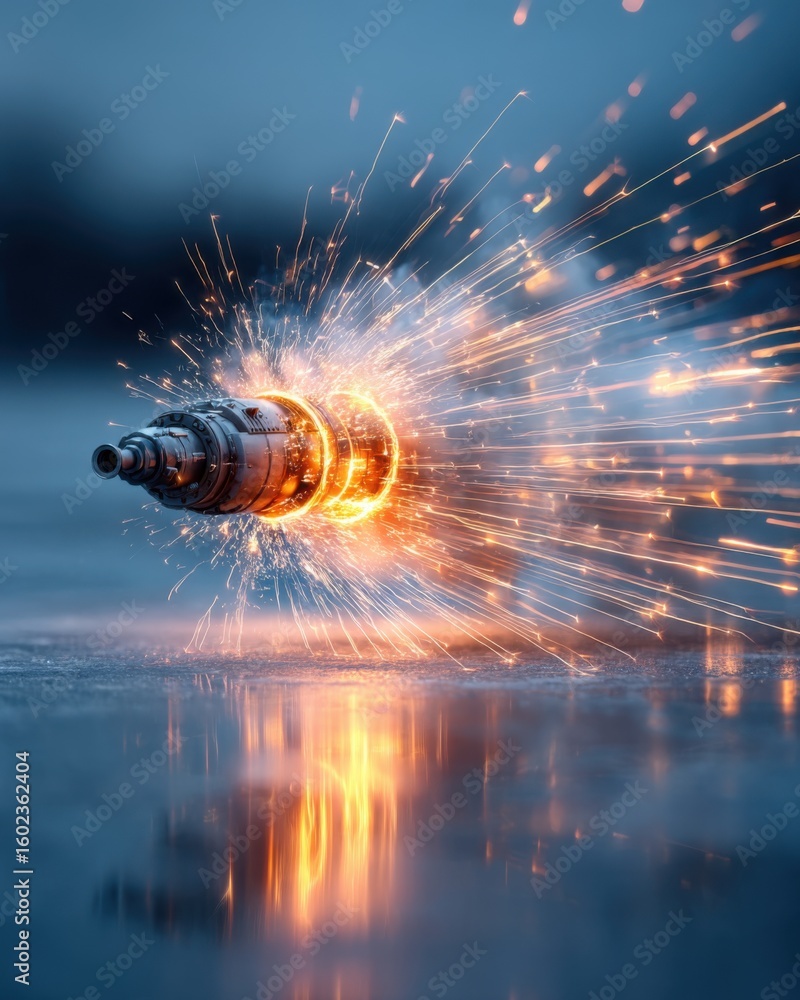 Poster dynamic sparks and glowing metal object in motion