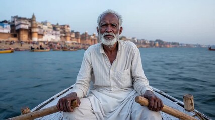 Portrait of an elderly indian boatman looking at the camera while rowing on the Ganges river in Varanasi, an image that reflects authentic life, wisdom, tradition and cultural tourism - Powered by Adobe