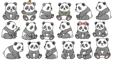 Cute panda bears sitting in different poses. Cartoon animals, illustration, wildlife, bear, adorable, nature, zoo