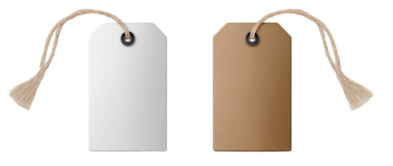 Two blank price tags, one white and one tan, with twine loops