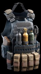 Grey Tactical Vest with Ammo Pouches and Gas Canisters