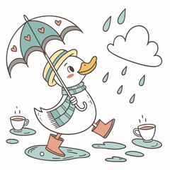 Delightful Dreamy Duck in a Rainy day scene with splashing in puddles – Raindrop Calm vector illustration