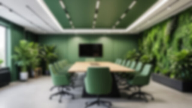 blurry office, interior of a modern office with a large meeting table, green theme, small plants in the corners of the room, office wallpaper.