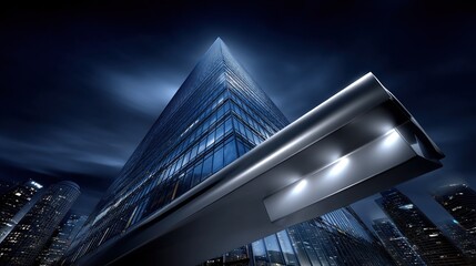 Dramatic low-angle view of a modern skyscraper at night, showcasing architecture.