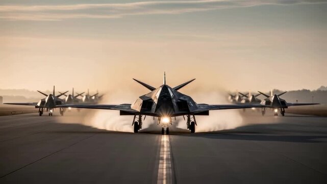 A squadron of modern stealth fighter jets prepares on an airfield runway at sunrise, representing air force power, advanced defense technology and global military strength