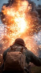 Soldier Facing Large Explosion Outdoors