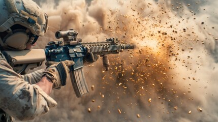 Soldier Firing Assault Rifle Amidst Dust and Gunfire