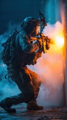 Soldier in Intense Firefight at Night