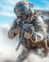 Soldier in Desert Combat: Tactical Aim and Action