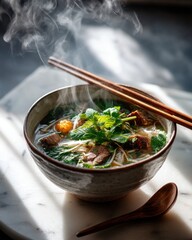 Steaming Bowl of Beef Noodle Soup with Herbs
